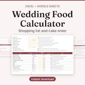 May include: A digital wedding food calculator template for Excel and Google Sheets. The interface displays a detailed spreadsheet with columns for item, quantity, unit cost, total price, and notes, including a shopping list and cake order section.