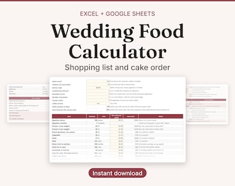 Calculadora de comida para bodas, lista de compras y pedido de pastel (Excel/Google Sheets)