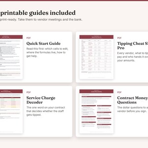May include: Four printable PDF guides on US Letter paper. The documents include a Quick Start Guide, Tipping Cheat Sheet Pro, Service Charge Decoder, and Contract Money Questions, each featuring maroon headers and structured text for vendor meetings.
