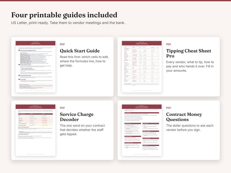May include: Four printable PDF guides on US Letter paper. The documents include a Quick Start Guide, Tipping Cheat Sheet Pro, Service Charge Decoder, and Contract Money Questions, each featuring maroon headers and structured text for vendor meetings.