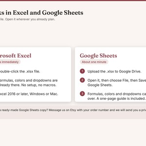 May include: An informational graphic titled Works in Excel and Google Sheets. It provides instructions for using an .xlsx file in Microsoft Excel and Google Sheets, detailing steps for opening, uploading, and saving files across both platforms.