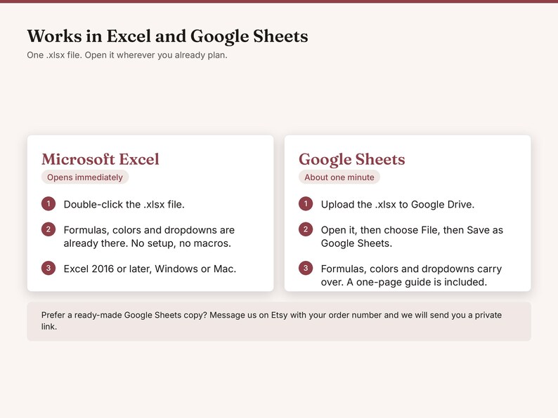 May include: An informational graphic titled Works in Excel and Google Sheets. It provides instructions for using an .xlsx file in Microsoft Excel and Google Sheets, detailing steps for opening, uploading, and saving files across both platforms.