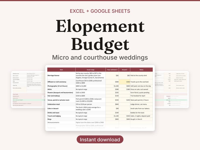 May include: An Excel and Google Sheets elopement budget template for micro and courthouse weddings. The document features a table with columns for item, usual range, your estimate, actual cost, and notes, with rows for marriage license, photographer, attire, and venue.