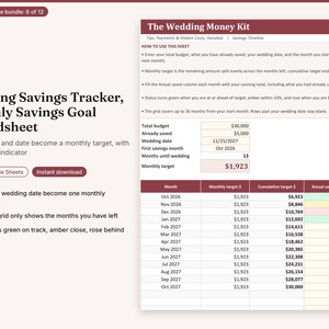 May include: A digital wedding savings tracker spreadsheet featuring a monthly goal calculator, a 36-month grid, and status indicators. The document includes fields for total budget, savings, and wedding date, with columns for monthly and cumulative targets.