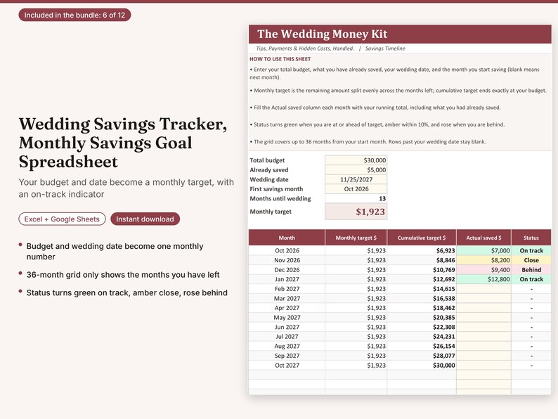 May include: A digital wedding savings tracker spreadsheet featuring a monthly goal calculator, a 36-month grid, and status indicators. The document includes fields for total budget, savings, and wedding date, with columns for monthly and cumulative targets.