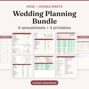 May include: A digital wedding planning bundle featuring Excel and Google Sheets templates. The set includes 6 spreadsheets and 4 printable documents with maroon headers, organized tables, and data fields for budget tracking and guest lists.