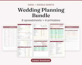 Paquete de hojas de cálculo para la planificación de bodas, planificador de bodas digital, lista de invitados, presupuestos de proveedores, registro de regalos (Excel y Google Sheets)