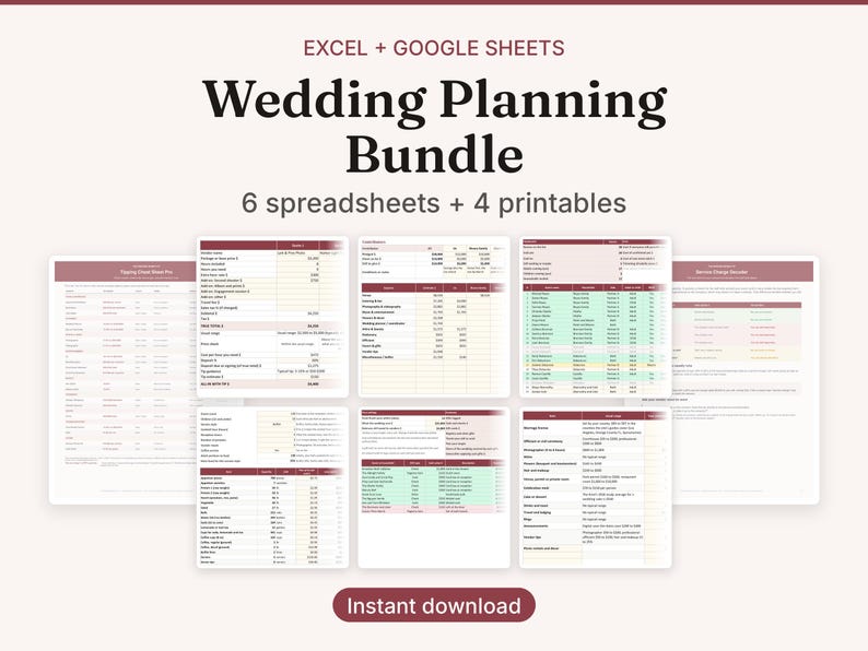 May include: A digital wedding planning bundle featuring Excel and Google Sheets templates. The set includes 6 spreadsheets and 4 printable documents with maroon headers, organized tables, and data fields for budget tracking and guest lists.