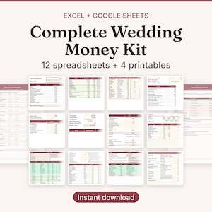 May include: A digital wedding money kit for Excel and Google Sheets featuring 12 spreadsheets and 4 printables. The display shows multiple document previews with maroon headers, organised tables, and financial data fields on a light background.