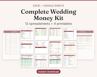 Complete Wedding Budget Spreadsheet Bundle, Digital Wedding Planner Spreadsheet, 12 Excel Google Sheets, Printables