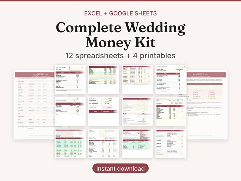 May include: A digital wedding money kit for Excel and Google Sheets featuring 12 spreadsheets and 4 printables. The display shows multiple document previews with maroon headers, organised tables, and financial data fields on a light background.