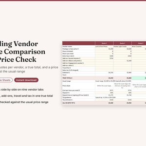 May include: A digital spreadsheet template titled Wedding Vendor Quote Comparison and Price Check. The layout includes a table for comparing four vendor quotes, calculating true totals, and checking prices against typical market ranges.