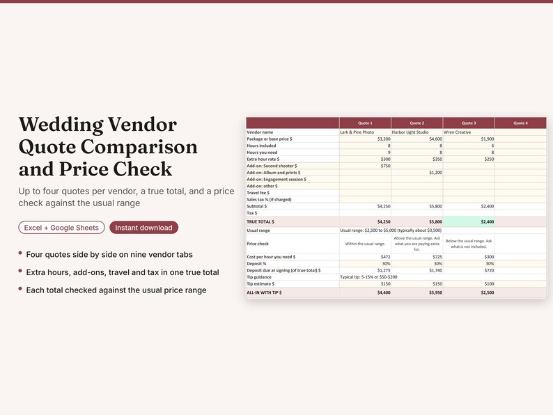 May include: A digital spreadsheet template titled Wedding Vendor Quote Comparison and Price Check. The layout includes a table for comparing four vendor quotes, calculating true totals, and checking prices against typical market ranges.