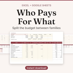 May include: A digital spreadsheet template for Excel and Google Sheets titled Who Pays For What, designed to split wedding budgets between families. The layout features columns for contributors and expenses with rows for financial data and an instant download button.