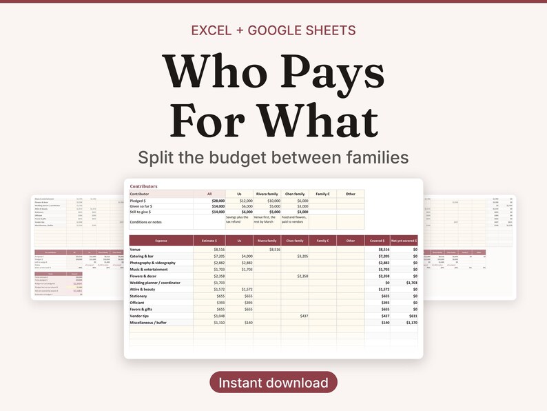 May include: A digital spreadsheet template for Excel and Google Sheets titled Who Pays For What, designed to split wedding budgets between families. The layout features columns for contributors and expenses with rows for financial data and an instant download button.