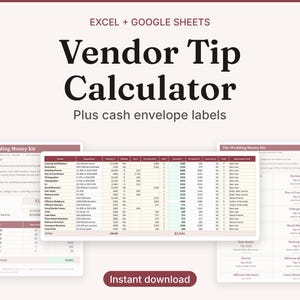 Puede incluir: Una calculadora digital de propinas para Excel y Google Sheets que incluye una tabla central, dos documentos laterales titulados The Wedding Money Kit y etiquetas para sobres de efectivo. El diseño utiliza tonos granates y blancos.