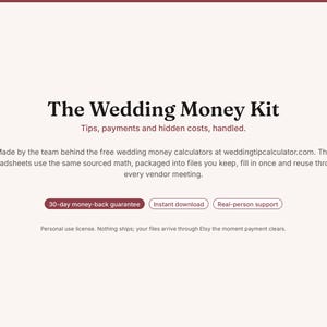 May include: The Wedding Money Kit digital product information page featuring the text: The Wedding Money Kit, Tips, payments and hidden costs, handled. Made by the team behind the free wedding money calculators at weddingtipcalculator.com.