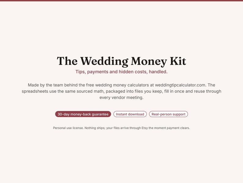 May include: The Wedding Money Kit digital product information page featuring the text: The Wedding Money Kit, Tips, payments and hidden costs, handled. Made by the team behind the free wedding money calculators at weddingtipcalculator.com.