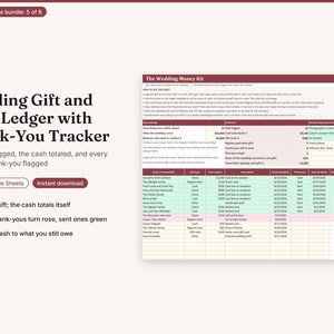 May include: A digital Wedding Gift and Cash Ledger with Thank-You Tracker spreadsheet template. The interface features columns for donor names, gift types, cash values, descriptions, dates received, and thank-you status in rose and green.