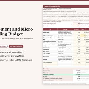 May include: A digital spreadsheet titled The Wedding Money Kit for elopement and micro wedding budgets. The document features columns for items, estimated costs, actual spending, and notes, with rows for marriage licenses, venues, and vendors.