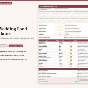 May include: A digital DIY Wedding Food Calculator spreadsheet template for Excel and Google Sheets. The document features a detailed table with columns for items, quantities, unit prices, and notes, including a section for comparing DIY costs against professional catering prices.
