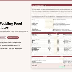 May include: A digital DIY Wedding Food Calculator spreadsheet template for Excel and Google Sheets. The document features a detailed table for guest count, shopping lists, caterer price comparisons, and cake order planning with columns for quantity, unit, and cost.