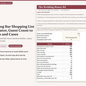 May include: A digital spreadsheet titled The Wedding Money Kit, designed as a Wedding Bar Shopping List Calculator. It features input fields for guest count and bar hours, and a table calculating total drinks, bottles, cases, ice, and cups.