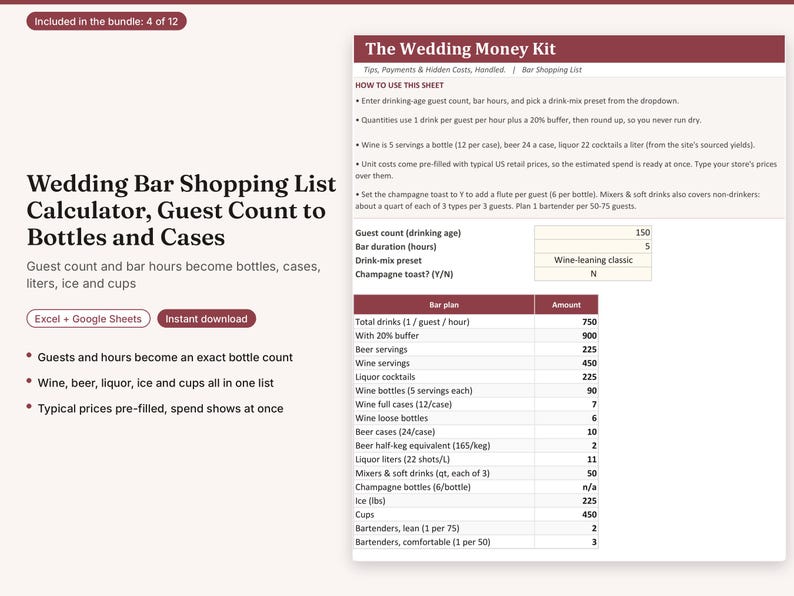 May include: A digital spreadsheet titled The Wedding Money Kit, designed as a Wedding Bar Shopping List Calculator. It features input fields for guest count and bar hours, and a table calculating total drinks, bottles, cases, ice, and cups.