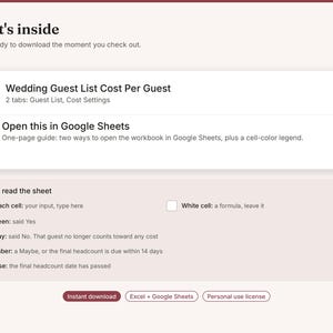May include: A digital wedding guest list and cost tracker spreadsheet. The interface displays file details, including a Wedding Guest List Cost Per Guest file and a Google Sheets guide. A colour-coded legend explains cell meanings for input, status, and formulas.