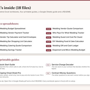 May include: A digital product listing titled What's inside (18 files) containing twelve Excel spreadsheets for wedding planning, including budget, vendor, and guest trackers, plus four printable PDF guides and a Google Sheets guide.