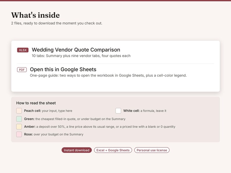 May include: A digital download interface titled What's inside, featuring a Wedding Vendor Quote Comparison spreadsheet file and a Google Sheets guide. Includes a color-coded legend for peach, white, green, amber, and rose cells, plus download buttons.