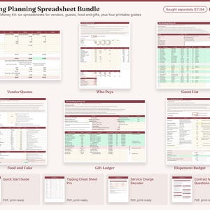 May include: A digital wedding planning spreadsheet bundle featuring six financial tracking sheets and four printable guides. The documents include vendor quotes, guest lists, food, cake, gift ledgers, and elopement budget templates with maroon headers.