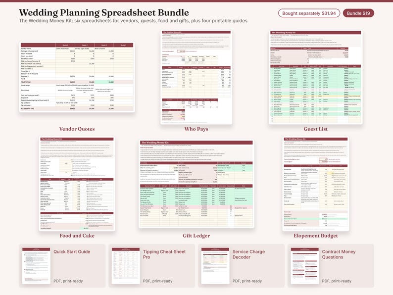 May include: A digital wedding planning spreadsheet bundle featuring six financial tracking sheets and four printable guides. The documents include vendor quotes, guest lists, food, cake, gift ledgers, and elopement budget templates with maroon headers.