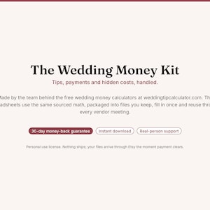 May include: The Wedding Money Kit digital product information page featuring the text: The Wedding Money Kit, Tips, payments and hidden costs, handled. Made by the team behind the free wedding money calculators at weddingtipcalculator.com.