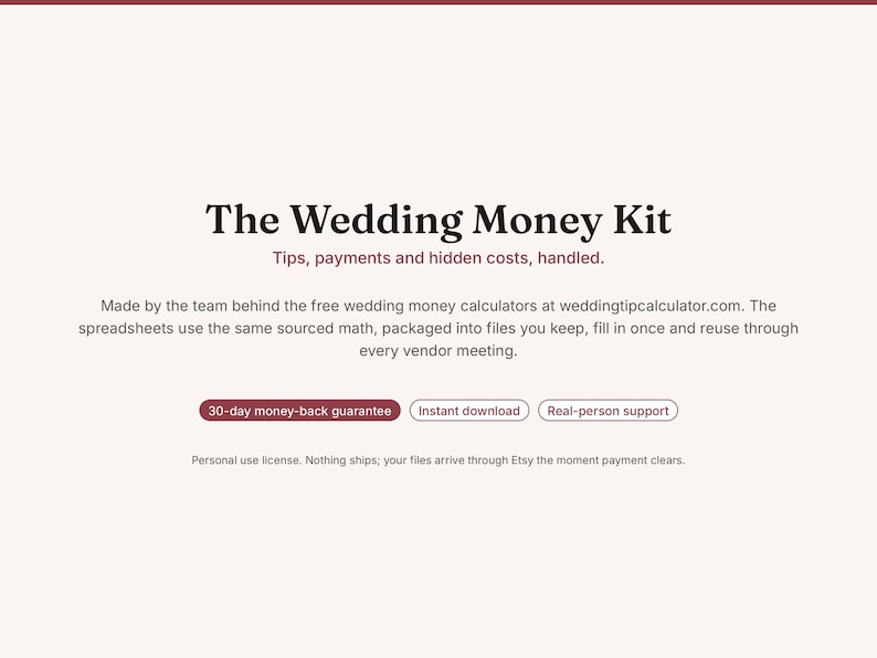 May include: The Wedding Money Kit digital product information page featuring the text: The Wedding Money Kit, Tips, payments and hidden costs, handled. Made by the team behind the free wedding money calculators at weddingtipcalculator.com.