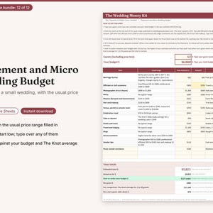 May include: A digital spreadsheet titled The Wedding Money Kit for elopement and micro wedding budgeting. The document includes columns for items, price ranges, estimates, actual costs, and notes, with a total budget summary at the bottom.