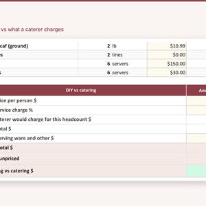 May include: A financial comparison chart titled DIY total vs what a caterer charges. The table lists items like coffee, buffet lines, servers, and tips, followed by a DIY vs catering section calculating costs, totals, and savings of $6,153.