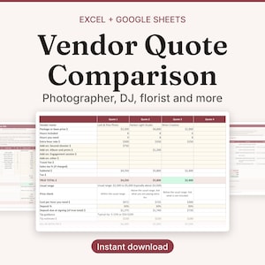May include: A digital spreadsheet template for Excel and Google Sheets titled Vendor Quote Comparison for photographers, DJs, and florists. The document features a table to compare vendor pricing, including base prices, hourly rates, and total costs.