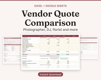 Wedding Vendor Quote Comparison Spreadsheet, Venue and Photographer Price Check Planner (Excel/Google Sheets)