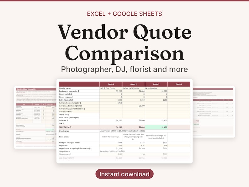 May include: A digital spreadsheet template for Excel and Google Sheets titled Vendor Quote Comparison for photographers, DJs, and florists. The document features a table to compare vendor pricing, including base prices, hourly rates, and total costs.