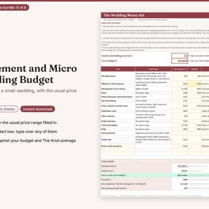 May include: A digital spreadsheet titled The Wedding Money Kit for elopement and micro wedding budgeting. The document includes columns for items, estimated costs, actual expenses, and notes, with rows for marriage licenses, vendors, and venue fees.