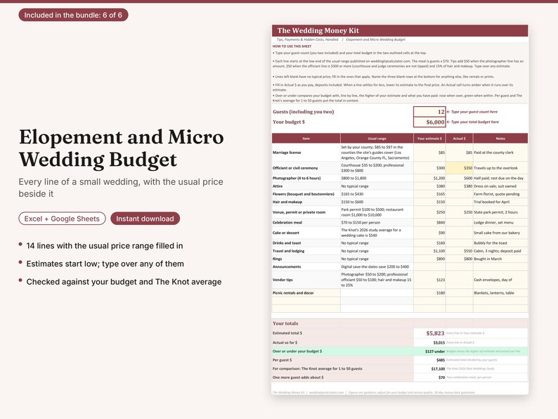 May include: A digital spreadsheet titled The Wedding Money Kit for elopement and micro wedding budgeting. The document includes columns for items, estimated costs, actual expenses, and notes, with rows for marriage licenses, vendors, and venue fees.