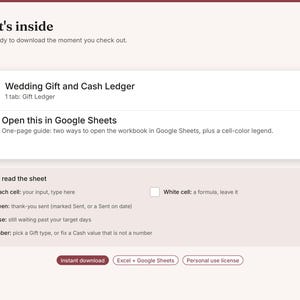 May include: A digital product listing titled What's inside featuring a Wedding Gift and Cash Ledger XLSX file and a Google Sheets PDF guide. Includes a colour-coded legend for peach, white, green, rose, and amber cells, plus buttons for instant download, Excel, Google Sheets, and personal use licence.