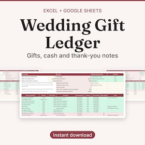 May include: A digital Wedding Gift Ledger template for Excel and Google Sheets. The document features columns for guest names, gift types, cash values, dates received, and thank-you note status, organised with a maroon and light green colour scheme.