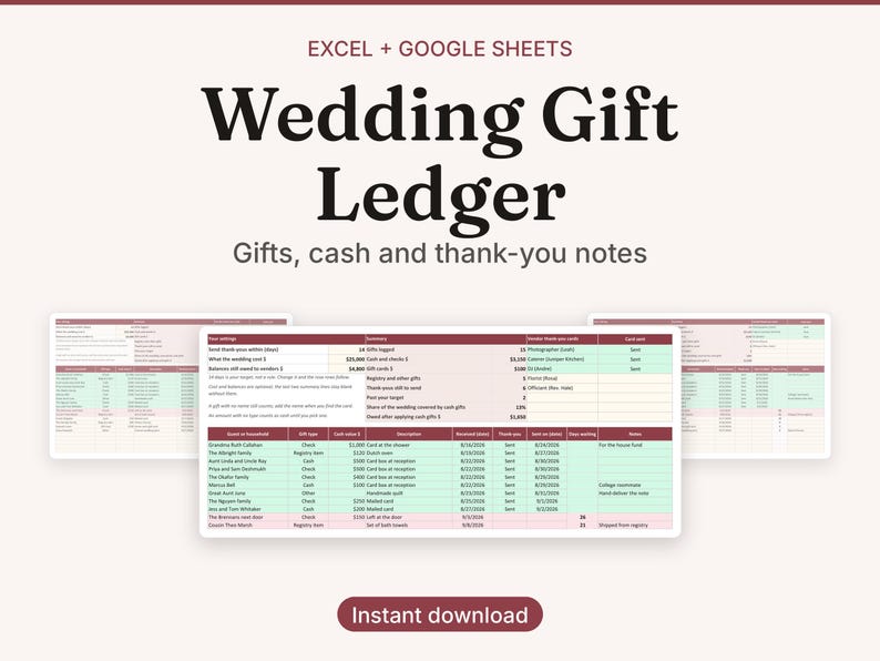 May include: A digital Wedding Gift Ledger template for Excel and Google Sheets. The document features columns for guest names, gift types, cash values, dates received, and thank-you note status, organised with a maroon and light green colour scheme.