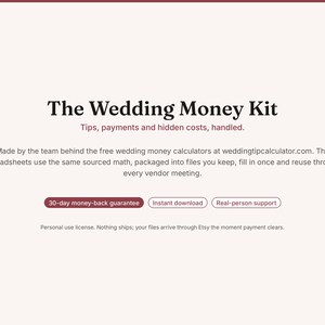 May include: The Wedding Money Kit digital product information page featuring the text: The Wedding Money Kit, Tips, payments and hidden costs, handled. Made by the team behind the free wedding money calculators at weddingtipcalculator.com.