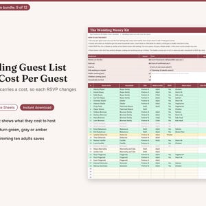 May include: A digital wedding guest list spreadsheet template titled The Wedding Money Kit. The document features columns for guest names, household, RSVP status, meal choices, and cost per guest, with rows highlighted in green, grey, and amber.
