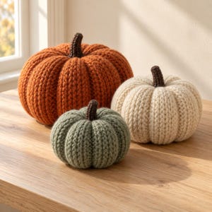 May include: Three round pumpkins crafted from chunky knit yarn in shades of burnt orange, cream, and sage green. Each pumpkin features a dark brown crocheted stem at the top, with a ribbed texture created by the thick yarn stitches throughout.