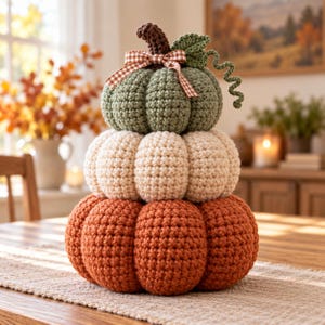 May include: A stacked crochet pumpkin decoration featuring three tiers in orange, cream, and sage green. The top pumpkin is accented with a brown stem, a green crocheted leaf, a curly tendril, and a brown and white gingham ribbon bow.