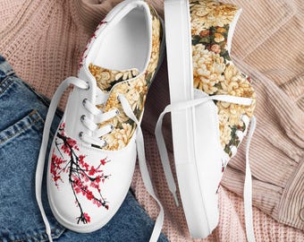 White Plum Blossom and Chrysanthemum Men's Canvas Shoes | Floral Lace-Up Sneakers